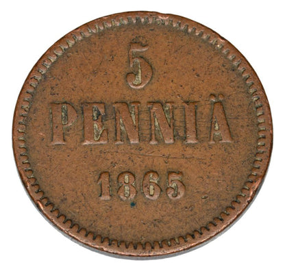5 pennia 1865 Aleksander II Finlandia rosyjska Helsinki